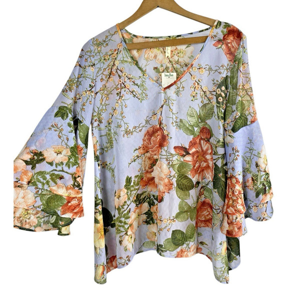 Chenault Blouse Top Light Blue Romantic Rose Floral Bell Sleeve Cottage Large - Picture 2 of 12